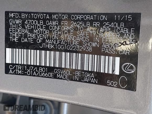 ✅ 2016 Lexus ES 330 • VIN: JTHBK1GG1G2232938 • Lot: 43618097. Listed on IAAI with 146,745 mi. Free auction sales archive from the USA and detailed vehicle history report at DreamBid. Image 9.