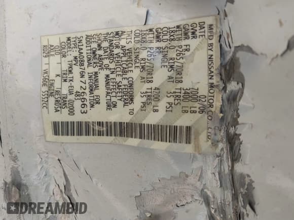 ✅ 2006 Nissan Armada LE • VIN: 5N1AA08B76N726663 • Lot: 41409292. Listed on IAAI with 227,802 mi. Free auction sales archive from the USA and detailed vehicle history report at DreamBid. Image 9.