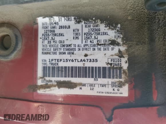 ✅ 1996 Ford F-150 • VIN: 1FTEF15Y6TLA47335 • Lot: 61351005. Listed on Copart with 307,446 mi. Free auction sales archive from the USA and detailed vehicle history report at DreamBid. Image 12.