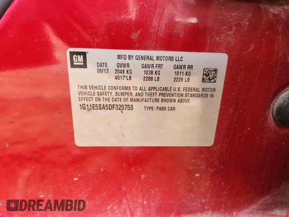 2013 Chevrolet Malibu LT with VIN 1G11E5SA5DF325750, listed as a Copart auction lot 84243425 with 181,835 mi miles and Salvage title. Bid and sale history available at DreamBid. Image 13.