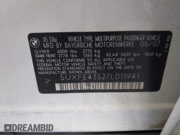 ✅ 2007 BMW X5 3.0si • VIN: 5UXFE43527L011941 • Lot: 42586030. Wystawiony na IAAI z przebiegiem 174 677 mil. Bezpłatny archiwum sprzedaży aukcyjnych z USA i szczegółowy raport historii pojazdu na DreamBid. Zdjęcie 9.
