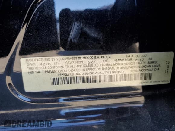 ✅ 2007 Volkswagen Jetta • VIN: 3VWGG71K17M109090 • Лот: 71878894. Опубликован ранее на Copart с пробегом 52 763 миль. Бесплатный доступ к архиву аукционных продаж из США и подробный отчёт об истории автомобиля на DreamBid. Изображение 12.