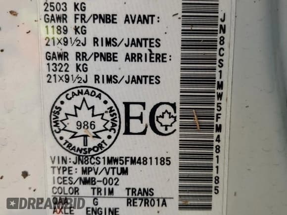 ✅ 2015 Infiniti QX70 • VIN: JN8CS1MW5FM481185 • Lot: 52884555. Listed on Copart with Not provided. Free auction sales archive from the USA and detailed vehicle history report at DreamBid. Image 12.