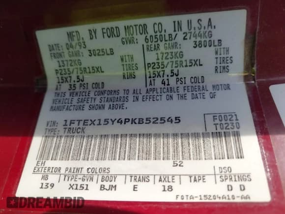 ✅ 1993 Ford F-150 S • VIN: 1FTEX15Y4PKB52545 • Lot: 43361131. Wystawiony na IAAI z przebiegiem 189 484 mil. Bezpłatny archiwum sprzedaży aukcyjnych z USA i szczegółowy raport historii pojazdu na DreamBid. Zdjęcie 9.