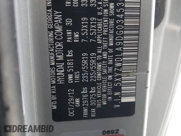 2013 Hyundai Santa Fe Sport with VIN 5XYZWDLA9DG034536, listed as a Copart auction lot 80214755 with Not provided miles and Salvage title. Bid and sale history available at DreamBid. Image 12.