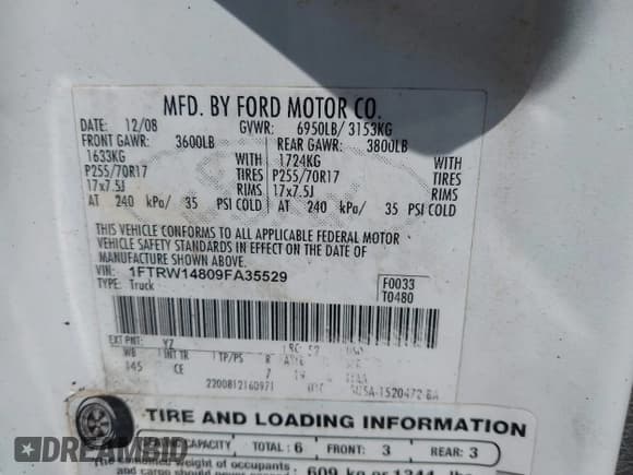 ✅ 2009 Ford F-150 XL • VIN: 1FTRW14809FA35529 • Lot: 42772983. Listed on IAAI with 199,115 mi. Free auction sales archive from the USA and detailed vehicle history report at DreamBid. Image 9.