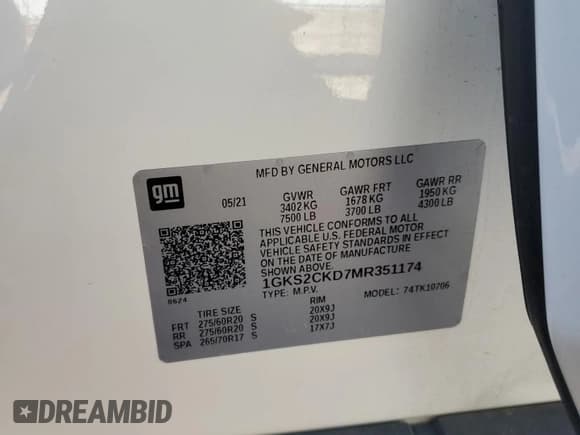 ✅ 2021 GMC Yukon AT4 • VIN: 1GKS2CKD7MR351174 • Lot: 82259975. Listed on Copart with 102,613 mi. Free auction sales archive from the USA and detailed vehicle history report at DreamBid. Image 14.