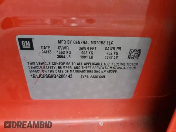 2013 Chevrolet Sonic LT with VIN 1G1JC6SG9D4206143, listed as a Copart auction lot 90741795 with 67,842 mi miles and Clean title. Bid and sale history available at DreamBid. Image 12.