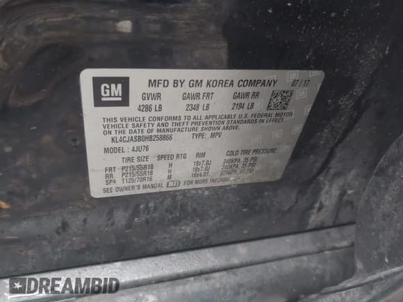 ✅ 2017 Buick Encore Preferred • VIN: KL4CJASB0HB258866 • Lot: 43563829. Listed on IAAI with 69,340 mi. Free auction sales archive from the USA and detailed vehicle history report at DreamBid. Image 9.