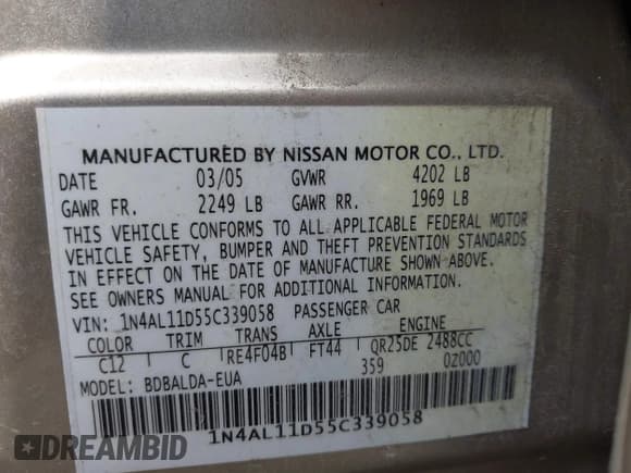 ✅ 2005 Nissan Altima 2.5 • VIN: 1N4AL11D55C339058 • Lot: 42852717. Wystawiony na IAAI z przebiegiem Nie podano. Bezpłatny archiwum sprzedaży aukcyjnych z USA i szczegółowy raport historii pojazdu na DreamBid. Zdjęcie 9.