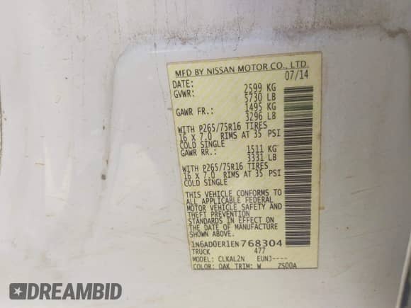 2014 Nissan Frontier Desert Runner z VIN 1N6AD0ER1EN768304, wystawiony jako IAAI lot #43281195 z przebiegiem 115 362 mil mil oraz . Historia ofert i sprzedaży dostępna na DreamBid. Obrazek 9.