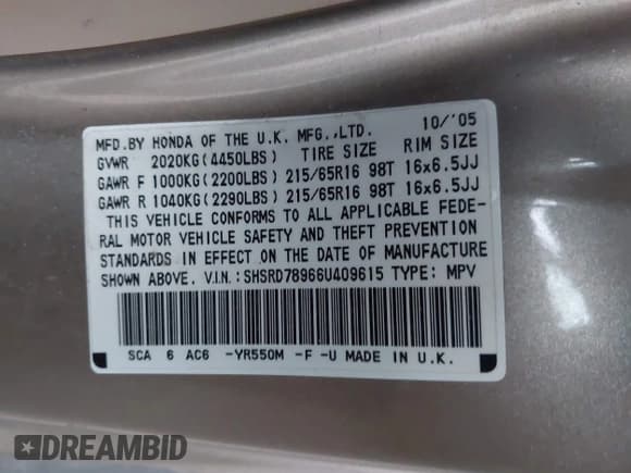 ✅ 2006 Honda CR-V EX SE • VIN: SHSRD78966U409615 • Lot: 43696625. Listed on IAAI with 241,835 mi. Free auction sales archive from the USA and detailed vehicle history report at DreamBid. Image 9.