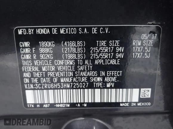 ✅ 2017 Honda HR-V EX • VIN: 3CZRU6H53HM725027 • Лот: 41571503. Опубликован ранее на IAAI с пробегом 38 567 миль. Бесплатный доступ к архиву аукционных продаж из США и подробный отчёт об истории автомобиля на DreamBid. Изображение 9.