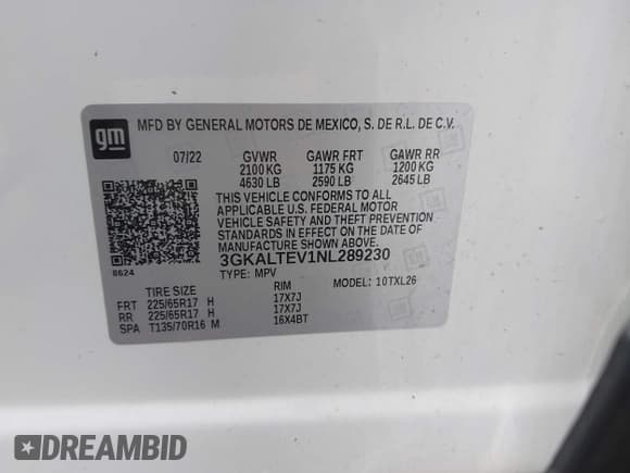 ✅ 2022 GMC Terrain SLE • VIN: 3GKALTEV1NL289230 • Lot: 42153973. Listed on IAAI with 64,169 mi. Free auction sales archive from the USA and detailed vehicle history report at DreamBid. Image 9.