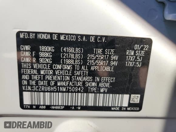 ✅ 2022 Honda HR-V EX • VIN: 3CZRU6H51NM750942 • Лот: 92925885. Опубликован ранее на Copart с пробегом 27 684 миль. Бесплатный доступ к архиву аукционных продаж из США и подробный отчёт об истории автомобиля на DreamBid. Изображение 12.