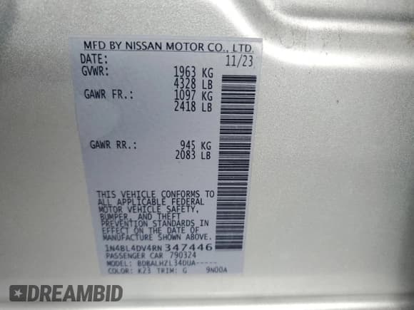 ✅ 2024 Nissan Altima SV • VIN: 1N4BL4DV4RN347446 • Lot: 89724525. Listed on Copart with 50,451 mi. Free auction sales archive from the USA and detailed vehicle history report at DreamBid. Image 13.