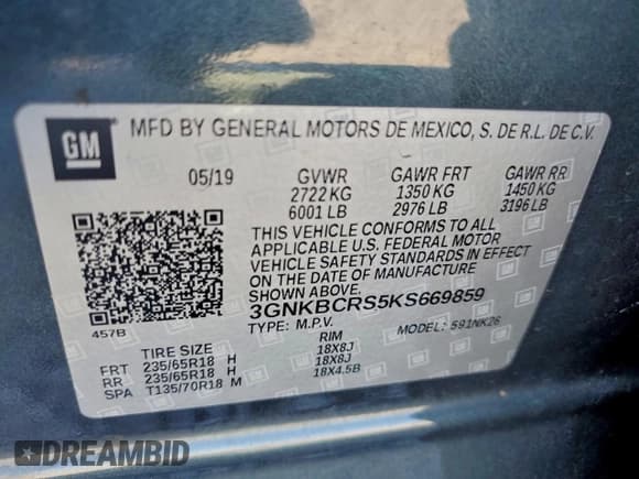 ✅ 2019 Chevrolet Blazer • VIN: 3GNKBCRS5KS669859 • Lot: 95573215. Listed on Copart with 122,499 mi. Free auction sales archive from the USA and detailed vehicle history report at DreamBid. Image 13.