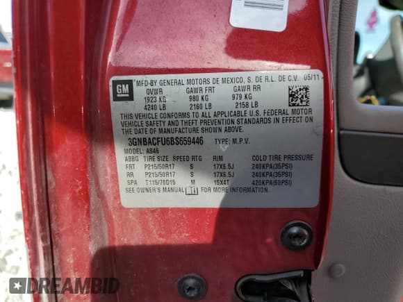 ✅ 2011 Chevrolet HHR 2LT • VIN: 3GNBACFU6BS659446 • Lot: 49828675. Listed on Copart with 174,233 mi. Free auction sales archive from the USA and detailed vehicle history report at DreamBid. Image 13.