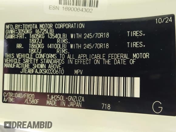 ✅ 2025 Toyota Land Cruiser 1958 Edition • VIN: JTEABFAJXSK020610 • Lot: 42225856. Listed on IAAI with 5,828 mi. Free auction sales archive from the USA and detailed vehicle history report at DreamBid. Image 9.