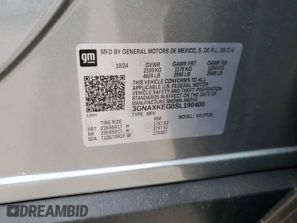 2025 Chevrolet Equinox FWD ACTIV с VIN 3GNAXKEG0SL190400, выставлен на аукционе Copart как лот 51965845 с пробегом 2 129 миль миль и Списание • Salvage title. История ставок и продаж доступна на DreamBid. Изображение 12.