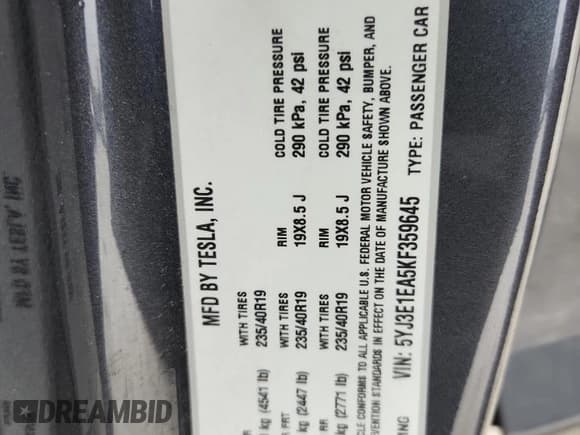 ✅ 2019 Tesla Model 3 Mid Range • VIN: 5YJ3E1EA5KF359645 • Lot: 93496825. Wystawiony na Copart z przebiegiem 73 956 mil. Bezpłatny archiwum sprzedaży aukcyjnych z USA i szczegółowy raport historii pojazdu na DreamBid. Zdjęcie 12.