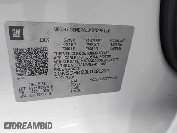 ✅ 2020 Chevrolet Suburban LT • VIN: 1GNSCHKC3LR181222 • Lot: 43047813. Wystawiony na IAAI z przebiegiem 103 318 mil. Bezpłatny archiwum sprzedaży aukcyjnych z USA i szczegółowy raport historii pojazdu na DreamBid. Zdjęcie 9.