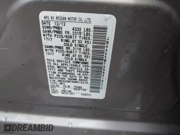 ✅ 2013 Nissan Rogue SV • VIN: JN8AS5MTXDW519273 • Lot: 42627844. Listed on IAAI with 183,283 mi. Free auction sales archive from the USA and detailed vehicle history report at DreamBid. Image 9.