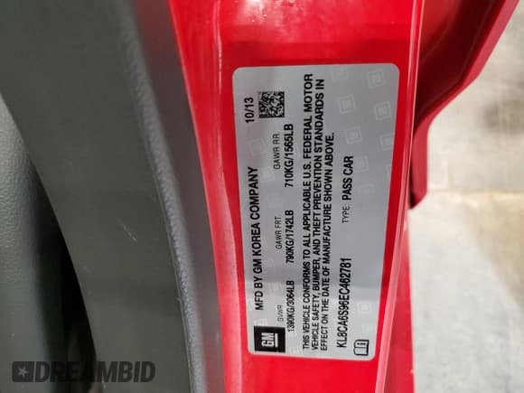 ✅ 2014 Chevrolet Spark LS • VIN: KL8CA6S96EC462781 • Lot: 83839425. Listed on Copart with 120,102 mi. Free auction sales archive from the USA and detailed vehicle history report at DreamBid. Image 12.