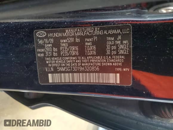 2009 Hyundai Santa Fe GLS с VIN 5NMSG73D19H320856, выставлен на аукционе Copart как лот 74453574 с пробегом 70 623 миль миль и Списание • Salvage title. История ставок и продаж доступна на DreamBid. Изображение 13.