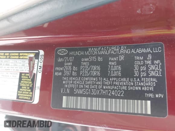 ✅ 2007 Hyundai Santa Fe GLS • VIN: 5NMSG13DX7H124022 • Lot: 43661840. Listed on IAAI with 218,044 mi. Free auction sales archive from the USA and detailed vehicle history report at DreamBid. Image 9.