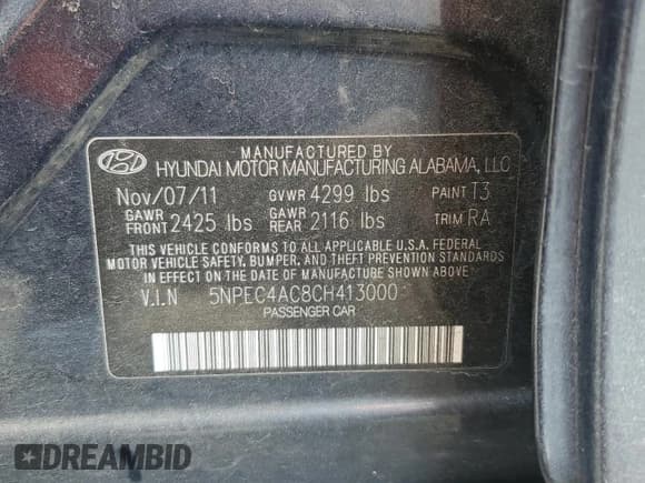 ✅ 2012 Hyundai Sonata SE • VIN: 5NPEC4AC8CH413000 • Lot: 65556154. Listed on Copart with Not provided. Free auction sales archive from the USA and detailed vehicle history report at DreamBid. Image 14.