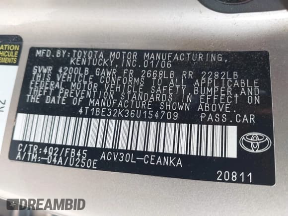 ✅ 2006 Toyota Camry LE • VIN: 4T1BE32K36U154709 • Lot: 43635299. Wystawiony na IAAI z przebiegiem 126 219 mil. Bezpłatny archiwum sprzedaży aukcyjnych z USA i szczegółowy raport historii pojazdu na DreamBid. Zdjęcie 9.