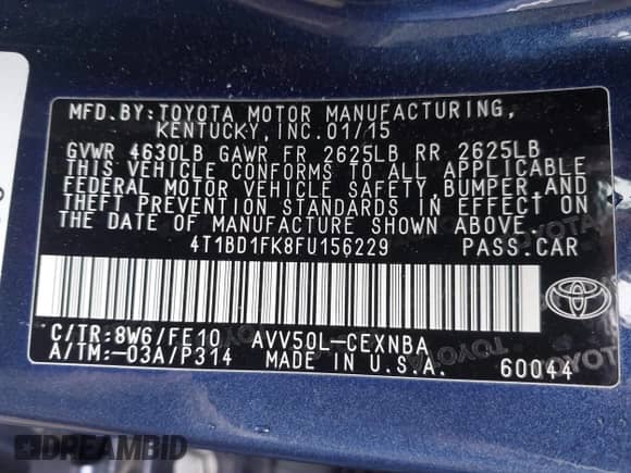 2015 Toyota Camry LE with VIN 4T1BD1FK8FU156229, listed as a IAAI auction lot 42450296 with 109,939 mi miles and . Bid and sale history available at DreamBid. Image 9.