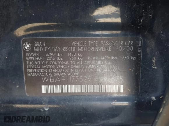 ✅ 2009 BMW 3 Series 328i • VIN: WBAPH77529NL82675 • Lot: 43154271. Listed on IAAI with 175,959 mi. Free auction sales archive from the USA and detailed vehicle history report at DreamBid. Image 9.