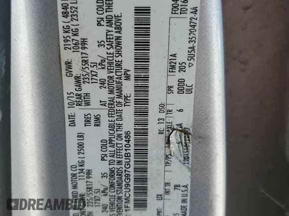 ✅ 2016 Ford Escape SE • VIN: 1FMCU9G97GUB10486 • Lot: 86306775. Listed on Copart with 162,692 mi. Free auction sales archive from the USA and detailed vehicle history report at DreamBid. Image 13.