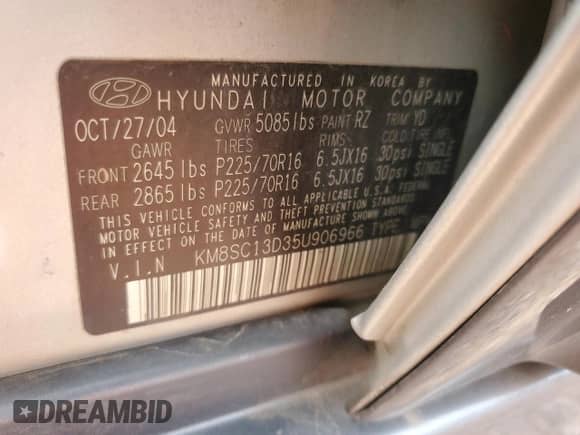 2005 Hyundai Santa Fe GLS z VIN KM8SC13D35U906966, wystawiony jako Copart lot #84896974 z przebiegiem Nie podano mil oraz Szkoda całkowita • Salvage title. Historia ofert i sprzedaży dostępna na DreamBid. Obrazek 12.