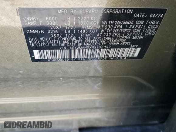 ✅ 2024 Subaru Ascent Onyx • VIN: 4S4WMAHDXR3436339 • Lot: 71584795. Listed on Copart with 17,117 mi. Free auction sales archive from the USA and detailed vehicle history report at DreamBid. Image 13.