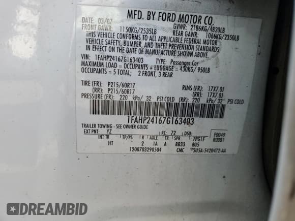 ✅ 2007 Ford Five Hundred SEL • VIN: 1FAHP24167G163403 • Lot: 81515405. Wystawiony na Copart z przebiegiem Nie podano. Bezpłatny archiwum sprzedaży aukcyjnych z USA i szczegółowy raport historii pojazdu na DreamBid. Zdjęcie 12.