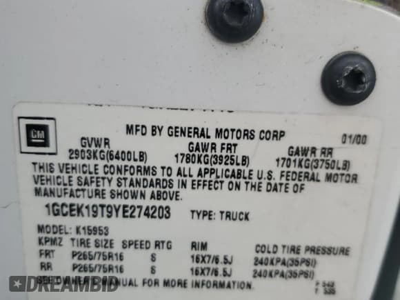 ✅ 2000 Chevrolet Silverado 1500 LS • VIN: 1GCEK19T9YE274203 • Лот: 72040304. Опубликован ранее на Copart с пробегом 181 340 миль. Бесплатный доступ к архиву аукционных продаж из США и подробный отчёт об истории автомобиля на DreamBid. Изображение 14.