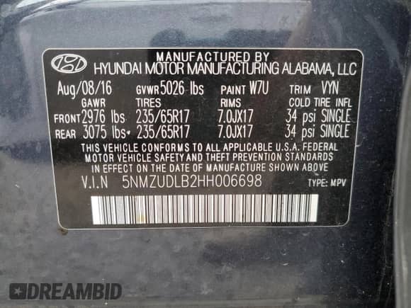 2017 Hyundai Santa Fe 2.4L с VIN 5NMZUDLB2HH006698, выставлен на аукционе Copart как лот 82597045 с пробегом 102 019 миль миль и Списание • Salvage title. История ставок и продаж доступна на DreamBid. Изображение 13.