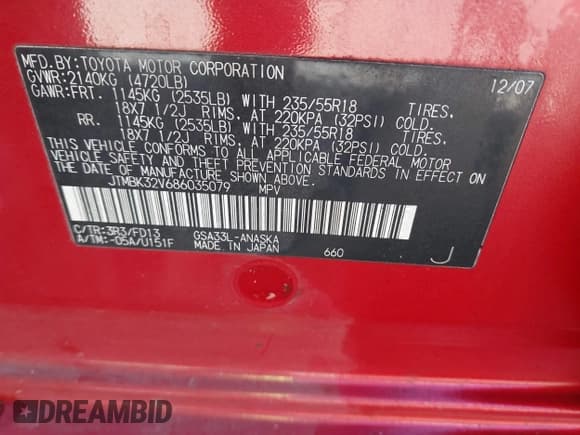 ✅ 2008 Toyota RAV4 Sport • VIN: JTMBK32V686035079 • Lot: 43539857. Listed on IAAI with 213,676 mi. Free auction sales archive from the USA and detailed vehicle history report at DreamBid. Image 9.