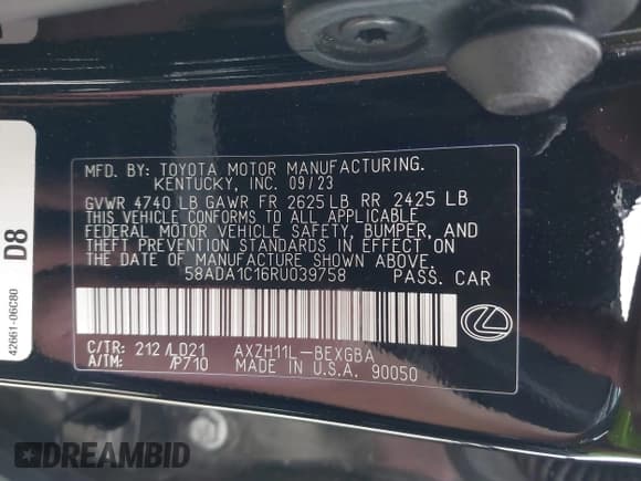 ✅ 2024 Lexus ES 300h • VIN: 58ADA1C16RU039758 • Lot: 42314514. Listed on IAAI with 8,800 mi. Free auction sales archive from the USA and detailed vehicle history report at DreamBid. Image 9.