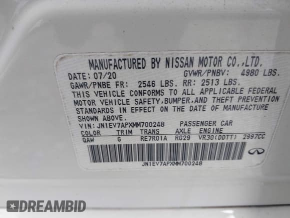 ✅ 2021 Infiniti Q50 Pure • VIN: JN1EV7APXMM700248 • Lot: 42240904. Listed on IAAI with 33,449 mi. Free auction sales archive from the USA and detailed vehicle history report at DreamBid. Image 9.