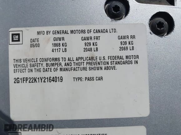 ✅ 2000 Chevrolet Camaro • VIN: 2G1FP22K1Y2164019 • Lot: 43071305. Listed on IAAI with 121,713 mi. Free auction sales archive from the USA and detailed vehicle history report at DreamBid. Image 9.