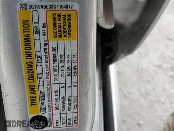 ✅ 2016 Chevrolet Impala LS • VIN: 2G1WA5E33G1154877 • Лот: 81499724. Опубликован ранее на Copart с пробегом Не указан. Бесплатный доступ к архиву аукционных продаж из США и подробный отчёт об истории автомобиля на DreamBid. Изображение 13.