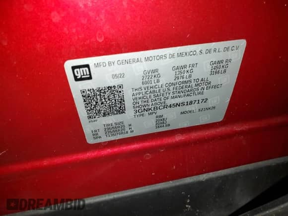 2022 Chevrolet Blazer LT z VIN 3GNKBCR45NS187172, wystawiony jako Copart lot #70902464 z przebiegiem 60 487 mil mil oraz Nie do naprawy • Non repairable. Historia ofert i sprzedaży dostępna na DreamBid. Obrazek 15.