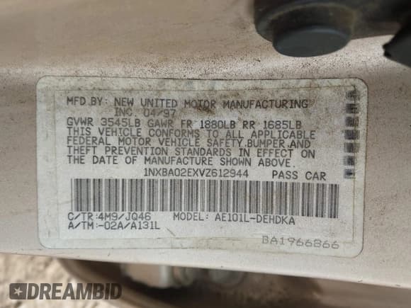 ✅ 1997 Toyota Corolla CE • VIN: 1NXBA02EXVZ612944 • Lot: 43127380. Wystawiony na IAAI z przebiegiem 230 755 mil. Bezpłatny archiwum sprzedaży aukcyjnych z USA i szczegółowy raport historii pojazdu na DreamBid. Zdjęcie 9.