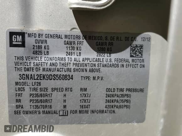 2013 Chevrolet Captiva Sport LS with VIN 3GNAL2EK9DS560834, listed as a Copart auction lot 74252654 with Not provided miles and Salvage title. Bid and sale history available at DreamBid. Image 14.