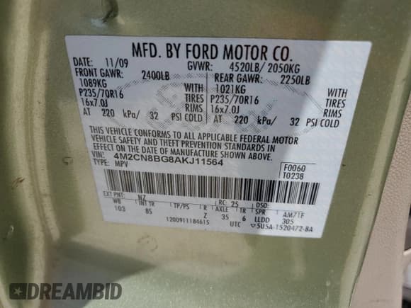 ✅ 2010 Mercury Mariner • VIN: 4M2CN8BG8AKJ11564 • Lot: 64171555. Listed on Copart with 180,034 mi. Free auction sales archive from the USA and detailed vehicle history report at DreamBid. Image 12.