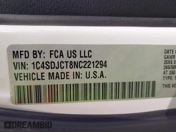 ✅ 2022 Dodge Durango R/T • VIN: 1C4SDJCT8NC221294 • Lot: 42133520. Listed on IAAI with 51,536 mi. Free auction sales archive from the USA and detailed vehicle history report at DreamBid. Image 9.